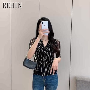 REHIN Women‘s top Summer new fashion printed V-neck pleated mesh black curved stripes short-sleevedshirt floral eleganr blouse