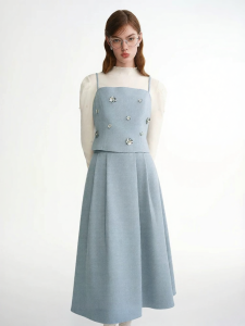 DUSHU | Large Size Elegant Blue Glittery Set Dress Tank Top and Midi Skirt
