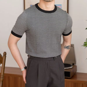 Thời Trang Sọc Không Sắt Tencel Màu Sắc Tương Phản Dệt Kim Cổ Tròn Ngắn Tay Áo Thun Nam Mùa Hè Hàng Mới Về