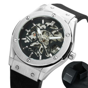 T-WINNER | WINNER Sports Automatic Mechanical Watch for Men Fashion Rubber Strap Military Silver Skeleton Watches Luminous Hands Male Clock