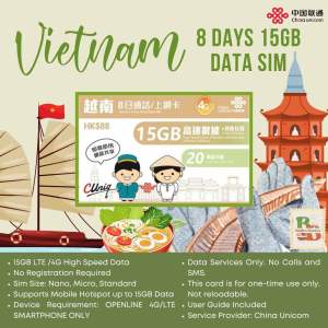 Vietnam Travel Data Simcard 8 days 15GB