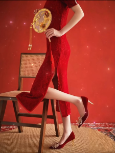 Red Wedding Shoes 2024 New Chinese Style Bride Shoes Shoelace High Heels Women Thin Heel Single Shoes Not Tired Foot