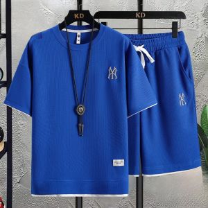 ROMON | Romon Ice Silk Summer Thin Short Sleeve T-Shirt And Shorts Set Casual Sportswear For Men Breathable Comfortable Fashionable