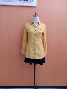 atasan kemeja wanita kuning mustard EXIT cewek S M lengan panjang MEWAH kerja kuliah serut samping