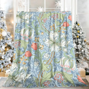 Beast Kingdom | William Morris Lily Blue Floral Flannel Blanket Soft Fuzzy Plush Cozy Warm Throw for Sofa Bed Couch Home Decor