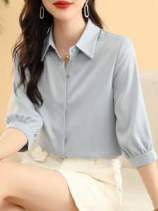 Acetate Satin Womens Shirt Summer Three-Quarter Sleeve Formal Interview Top Light M Mature Professional Fashionable Sleeve Shirt