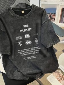 เสื้อยืดแขนสั้นผ้าฝ้ายแท้ เสื้อเชิ้ตคอกลมทรงหลวมสบาย ๆ สำหรับฤดูร้อน แบรนด์ไฮสตรีท เสื้อตัวบนสำหรับผู้ชาย