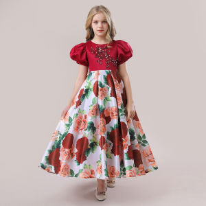 MQATZ Girl Flower Puff Sleeve Bow Party Princess Dresses Kids Evening Clothes For Children Wedding Costume 4-14 Years LP-319