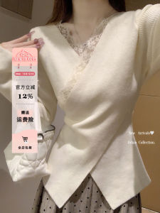 Womens Lace Knitted Base Shirt V-Neck Splice Inner Wear Spring Autumn Pure Desire Open Slit French Style T-Shirt Knitted Top