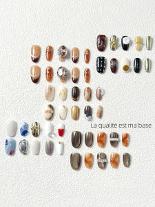 Handmade Long Oval Nail Art Stickers French Style Autumn Winter Brown Grey Butterfly Knot Collection Wearable Nails Beauty Tools