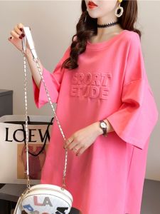 Pink Short-Sleeve T-shirt for Women Loose Fit Cotton Work Clothing Creative Pattern Mid-Length Long-Length Crewneck Summer Wear