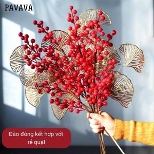 Đào Đông Đỏ giả PAVAVA 12 nhánh bông lớn cành rẻ quạt táo vàng decor làm bình hoa giả trang trí nhà cửa tinh tế sang trọng quý phát hút tài lộc