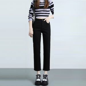 Womens High Waist Slim Fit Straight Leg Fleece Lined Capri Jeans Korean Style Spring Summer Fashion plus Size