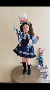 Judy Girl Cosplay Lolita Dress Full Set with Hat Ear Headband Badge Girls Halloween Carnival Theme Party Costume for 110‑150cm