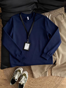 Áo Thun Cotton Nguyên Chất Tay Dài Màu Xanh Đậm Dành Cho Nam Mùa Thu Cổ Tròn Phong Cách Thường Ngày Thoải Mái Thoáng Khí