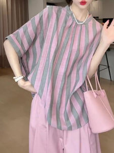 UYFY | Summer New Womens Plus Size Shirt Casual Style Loose Striped Short Sleeve Slimming Top Grey Pink Casual Fashion Design