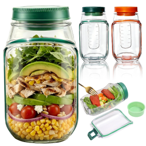 1000ml Layered Side Opening Salad Jar with Independent Dressing Cup / Leakproof Portable Meal Prep Box / Multifunctional Container for Breakfast Cereal Yogurt Nut Salad Picnic