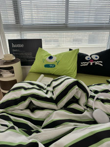 Soft Washed Cotton Four-Piece Set Korean Style Dopaamine Fun Green Black Stripe Towel Embroidery Student Bedding Set Three-Piece