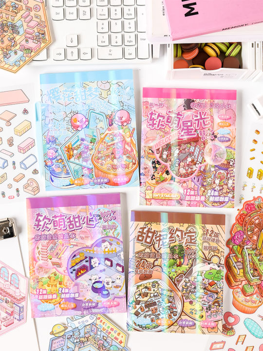 Stackable Stickers 3D Sticker Book Miniature Landscape DIY Handmade Food Store House Scene ...