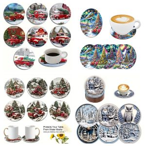6 pieces of Christmas truck print coasters suitable for daily family party decoration offices and anti-slip wooden coasters