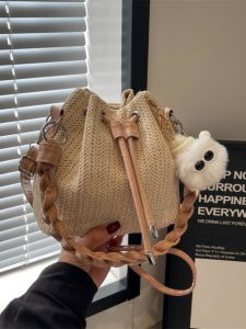 Summer Bucket Bag Womens Crossbody Beach Vacation Straw Woven Handbag Fashion Trend Color Block Casual Universal Shoulder Bag