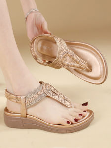 Womens Summer Outdoor Wear Bohemian Diamond Thick Heel Board Sandals Slip-On Fashionable Flat Roman Style PU Leather Sandals