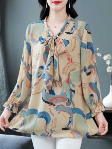 เสื้อเชิ้ตผ้าชีฟองพิมพ์ลายแฟชั่นสำหรับผู้หญิงไซส์ใหญ่ แขนยาว ทรงหลวม ปกโปโล ทรงปกติ แขนสั้น ฤดูใบไม้ผลิและฤดูใบไม้ร่วง