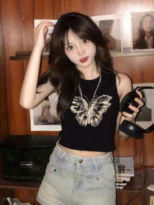 Áo Ba Lỗ Không Tay Ngắn Gợi Cảm Màu Đen Phong Cách Mỹ Cho Nữ Mùa Hè Áo Khoác Ngoài Thời Trang Ngắn Cạp Cao Thường Ngày