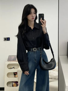 เสื้อเชิ้ตแขนยาวสีดำ ทรงหลวมสบาย ๆ สำหรับผู้หญิง ฤดูใบไม้ผลิและฤดูใบไม้ร่วง เสื้อเชิ้ตแขนยาวแบบบาง ดีไซน์เรียบง่าย สไตล์เกาหลี