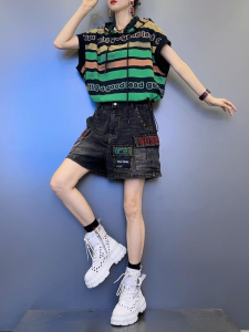 Shalldoer | Fashionable Personalized Striped Print Short Sleeve T-Shirt And Wide Leg Jeans Two Piece Set For Women Summer 2025 New Arrival