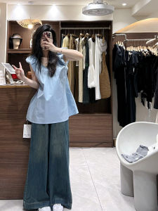 เสื้อเชิ้ตแขนกุดสไตล์เกาหลีหลวมๆ สีฟ้า ทรงหลวม แขนกุด คอวี ทรงปกติ แขนกุด เสื้อเชิ้ตผู้หญิง ฤดูร้อน 2024