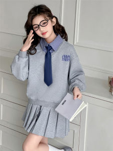 MPW | Girls Preppy Style Sweatshirt Set Skirt Casual Fashionable Spring Autumn Two-Piece Outfit Breathable Comfortable Kids Clothes