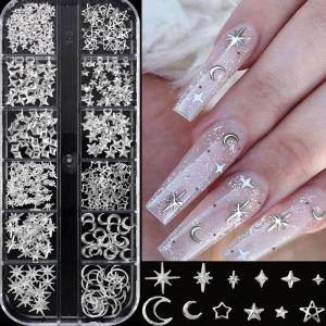 12Grids 3D Silver Heart Bow Butterfly Nail Charms Y2K Metallic Star Moon Nail Rivet Studs DIYValentines Day Manicure Decoration