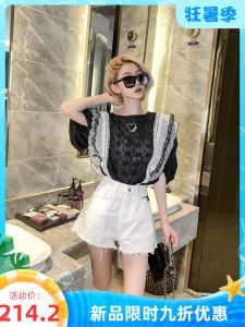 Baiyi Home High เอว สีขาว เดนิม กางเกงขาสั้น ผู้หญิง ฤดูร้อน Thin New หลวม European Station พรางหุ่น Heart Hot กางเกง Wide Leg กางเกงยีนส์