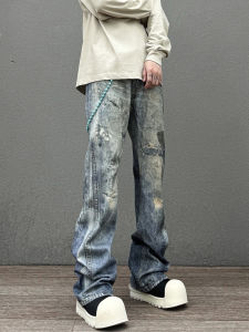 กางเกงยีนส์ทรงตรงผู้ชาย KISSNATE CleanFit ฤดูใบไม้ร่วง/ฤดูหนาว 3D พิมพ์ลายสกปรก ทรงขาบาน กางเกงยีนส์ทรง AC สไตล์อเมริกัน