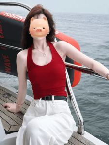 Áo ba lỗ nữ dệt kim màu đỏ hở lưng ôm vừa vặn