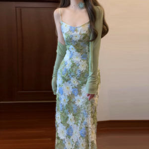 CHANGTONG | Bộ Đồ Bao Gồm Đầm Dây Thêu Phong Cách Pháp và Áo Cardigan
