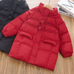 Girls Red down Jacket Winter Clothes Thickened Long Duck down Coat for New Year Childrens Clothing Casual Style Pure Color
