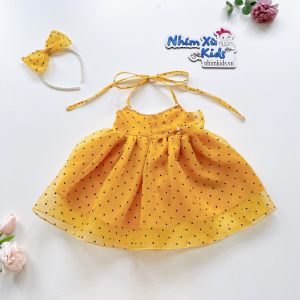 Váy Yếm Chấm Bi Vàng Công Chúa 4 - 18kg Chất Tơ Kính Lót Lụa Habutai V083