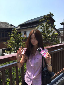 New Womens Pink Striped Waist-Cinching Short Sleeve Shirt Casual Slimming Summer Top Trendy Commute Style Button Detail Polo Neck