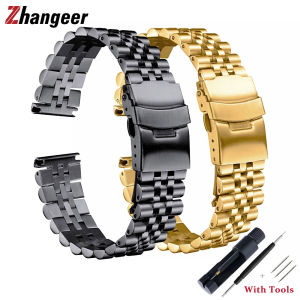 Zhangeer High Quality Solid Stainless Steel Wristband 20mm 22mm Flat Universal Watch Strap Five Beads With Safety Folding Buckle Wrist watch Accessories With Tools