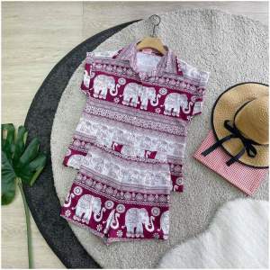 20537 Set 2 ชิ้น เสื้อเชิ้ต ผ้าสปัน พิมพ์ลายช้าง แขนเบิ้ล + กางเกงขาสั้น ชุดเทีี่ยวสวงกรานต์