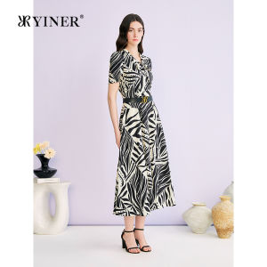 YINER | French Elegance Flutter Neck Silk Blend Waist-cinched Dress