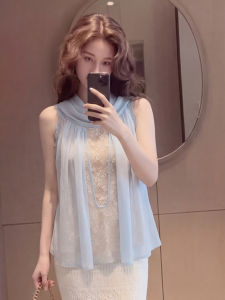 YIKEMAI | Large Size French Style Sleeveless Blue Blouse