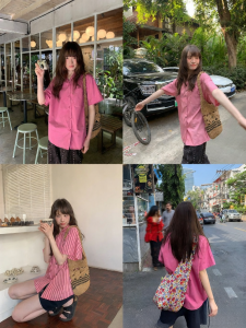 NIHAOKANONG | Áo Sơ Mi Cổ Cubana Dễ Thương Có Túi Góc In Sọc Ngang