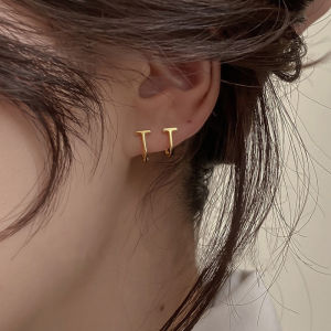 Letter T-Shaped Earrings Female 18K Gold Minimalist Normcore Style Geometric Titanium Steel Ear Clip Basic Style Easiest for Match Suitable for Small Ear Lobe