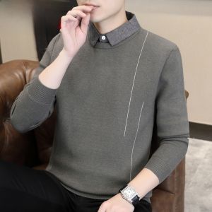 HENGYUANXIANG | Casual Knitted Shirt Collar Sweater Mens Autumn Winter Fashionable Base Layer Two-Piece Knitwear Polyester Acrylic Rayon Nylon