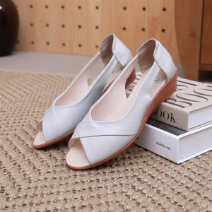 Womens Mid Heel Sandals Plaid Fashion Elegant Summer Slip-on Womens Shoes Summer Mom Shoes Genuine Leather Wedge Peep Toe Shoes