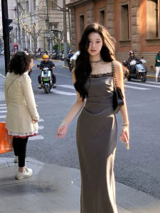 Elegant French Style Lace Strap Dress Womens Slim Fit Long Dress Summer High Waist Design Ladylike Atmosphere A-Line Skirt