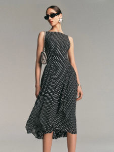 French Vintage Black Polka Dot Long Dress Leisure High Waist A-Line Skirt Summer Season Ladies Fashion Tourist Activity